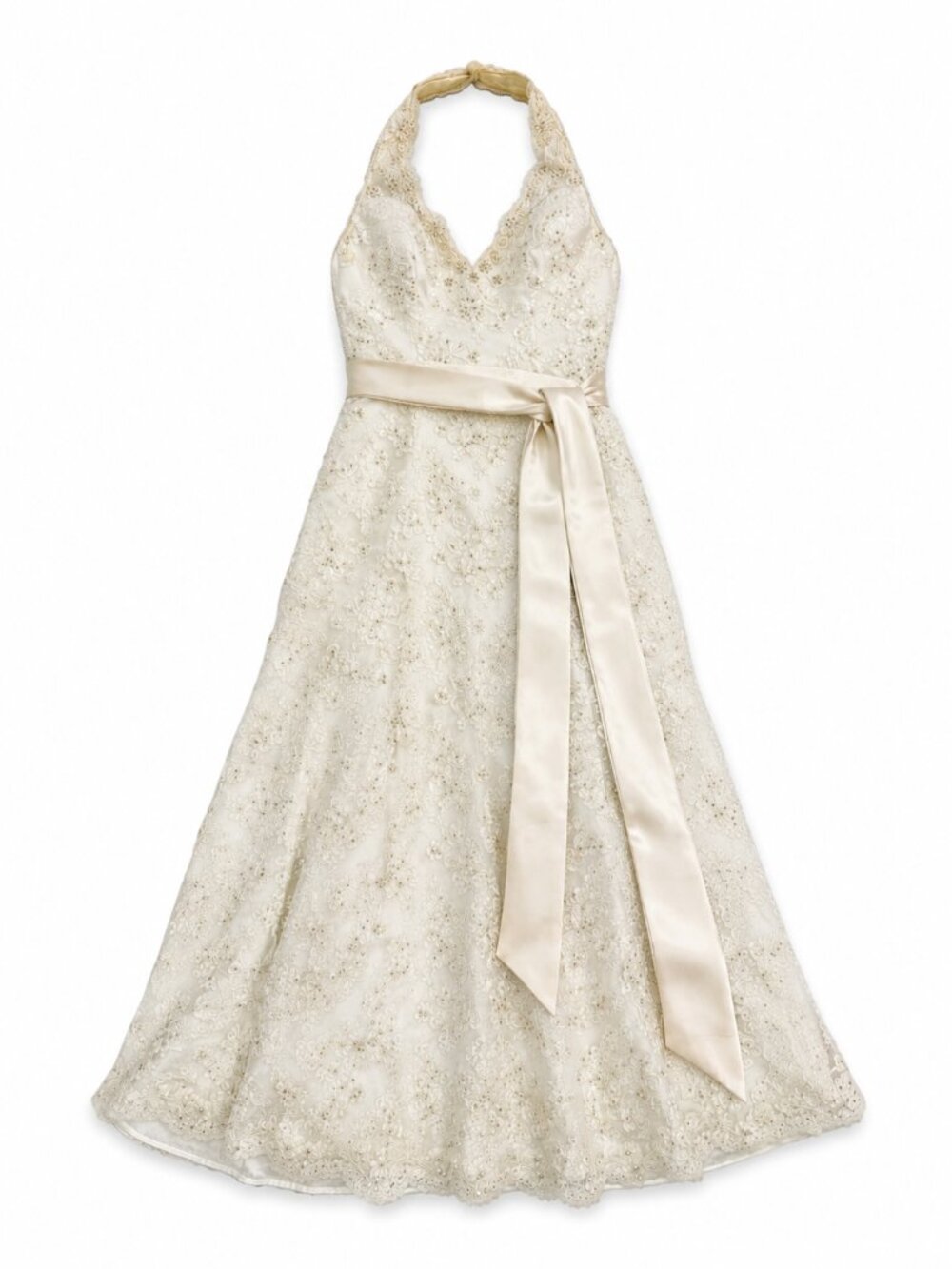 David's Bridal Ivory Beaded Lace Halter Wedding Dress Size 4 Vintage Style T7512